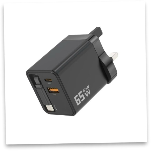 GaN 65W Fast Charger with Retractable USB-C Cable