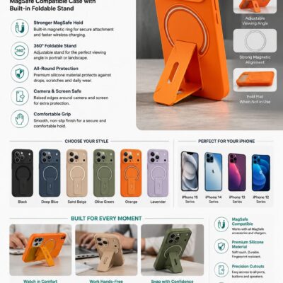 Teklofts MagStand Pro Magnetic Phone Case for iPhone – MagSafe Compatible Protective Case with Built-in 360° Foldable Stand, Shockproof Slim Cover for iPhone 12/13/14/15 Series