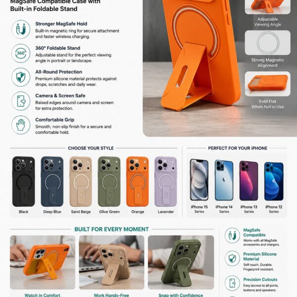 Teklofts MagStand Pro Magnetic Phone Case for iPhone – MagSafe Compatible Protective Case with Built-in 360° Foldable Stand, Shockproof Slim Cover for iPhone 12/13/14/15 Series